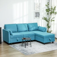 HOMCOM Divano Componibile Modulare 3 Posti con Pouf Poggiapiedi e Cuscini, Rivestimento in Flanella, Blu(m-2)