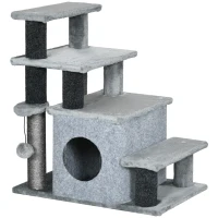 PawHut Escalier pour chat arbre à chat hauteur ajustable 3 ou 4 marches avec niche balle suspendue - 60 x 40 x 66 cm - gris(m-10)