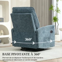 HOMCOM Fauteuil inclinable manuel pivotant avec repose-pieds rétractable, dossier réglable, bleu(m-6)