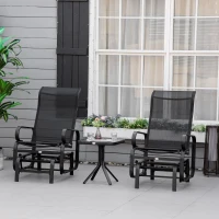 Outsunny 3 Pieces Garden Gliding Chair Set, Metal Frame 2 Single Armchair Swing Seater and 1 Glass Top Coffee Table w/ Breath Mesh Fabric Seat, Black(m-2)