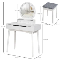 HOMCOM Dressing Table Set with LED with Table Stool Table Stool Set Makeup Dresser Desk with 4 Drawers for Bedroom White(m-3)