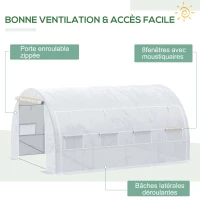 Outsunny Serre de jardin serre tunnel 12 m² avec porte, parois latérales enroulables 8 fenêtres acier PE  4 x 3 x 2 m blanc(m-5)