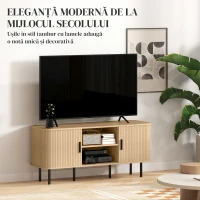HOMCOM Dulap TV cu 2 Dulapuri, 2 Rafturi și 2 Orificii pentru Cabluri, Mobilier TV din Lemn, 120x40x55 cm, Lemn Natural(m-4)