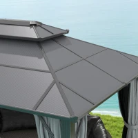 Outsunny 3 x 4m Hardtop Gazebo Canopy with UPF30+ Double Polycarbonate Roof, Aluminium Frame Garden Gazebo Permanent Pavilion with Mosquito Netting and Curtains for Patio, Deck, Grey(m-9)