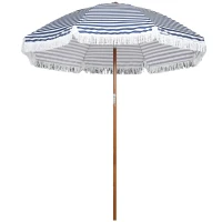 Outsunny Parasol inclinable rond Ø 213 cm avec franges polyester haute densité anti-UV mât démontable, vintage bleu et blanc(m-10)