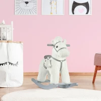 HOMCOM Cavallo a Dondolo per Bambini in Peluche e Legno con Suoni e Orsetto Incluso, per Bimbi da 18-36 Mesi, 65x26x55cm, Bianco(m-2)