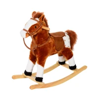 HOMCOM Cheval à Bascule en Bois et Peluche pour Enfant Cheval de Cowboy peluche Pour Enfants de 3-6 Ans Jouet balançoire avec Effet sonore Selle rênes Marron Blanc(m-10)