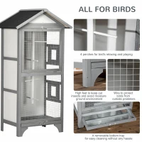 PawHut Wooden Outdoor Bird Cage, for Finches and Canaries, with Removable Tray, Asphalt Roof - Grey(m-5)