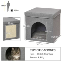 PawHut Casa para Gatos con Tablero de Rascar y Puerta para Interior 36,5x36,5x36,5 cm Gris(m-3)