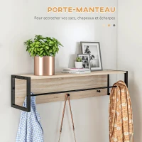 HOMCOM Ensemble meuble d'entrée 2-en-1 banc à chaussures 3 casier et porte-manteau mural 3 crochets et barre naturel et noir(m-6)