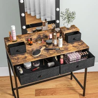 HOMCOM Coiffeuse table de maquillage miroir LED réglable intégré - pied en métal noir - 4 tiroirs en tissu - Aspect bois foncé(m-9)