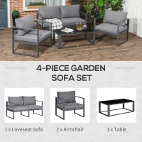 Outsunny 4 Pieces Garden Sofa Set 2 Single Armchair 1 Bench & Side Table Set Aluminium Frame Patio Furniture with Cushions Grey(m-4)