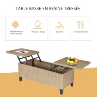 Outsunny Table basse de jardin style cosy chic - table basse relevable - métal époxy résine tressée imitation rotin beige(m-4)