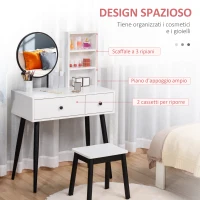 HOMCOM Tavolo per Trucco con Sgabello, Specchio e Cassetti in Legno, Bianco e Nero(m-6)