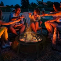 Outsunny Metal Large Firepit Bowl Outdoor Round Fire Pit w/ Lid, Log Grate, Poker for Backyard, Camping, BBQ, Bonfire, Wood Burning Stove, 76 x 76 x 53cm, Black(m-2)