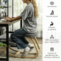 HOMCOM Siège assis genoux, siège ergonomique en bois à bascule, chaise à genoux pour bureau à domiciles, gris(m-5)