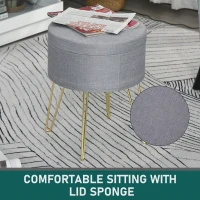 HOMCOM Round Linen-Look Storage Ottoman Footstool Wood Frame w/ Metal Legs Padded Lid Home Seat Beautiful Stylish Home Furnishing Table Grey(m-5)