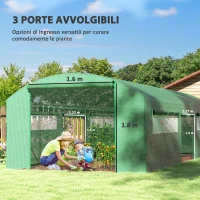 Outsunny Serra a Tunnel con 3 Porte Avvolgibili e 6 Finestrelle, in Acciaio Zincato e PE, 6x3x2 m, Verde(m-4)