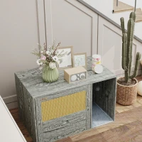 PawHut Cat Litter Box Enclosure with Rattan Door, Scratching Mat, Toy Ball, Non-Slip Foot Pads, Grey(m-9)