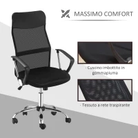 HOMCOM Sedia Ergonomica da Ufficio Girevole e Dondolo con Ruote, Altezza Regolabile e Schienale a Rete, 63x65x109-119 cm, Nero(m-7)