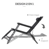 Outsunny Chaise Longue inclinable transat Bain de Soleil fauteuil relax jardin 2 en 1 Pliant têtière Amovible Charge Max. 136 Kg Toile Oxford Facile d'entretien Noir(m-4)