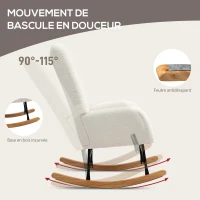HOMCOM Fauteuil à bascule en tissu effet laine bouclée avec pieds en bois massif d'hévéa pour chambre, salon, crème(m-4)