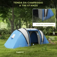 Outsunny Tenda da Campeggio 2 Posti Impermeabile con 2 Stanze Borsa di Trasporto, 220x450x180 cm, Blu(m-4)
