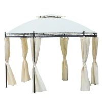 Outsunny Tonnelle pavillon de jardin rond dim. Ø 3,5L x 2,75H m double toit 6 rideaux latéraux polyester crème métal époxy noir(m-10)