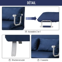 HOMCOM Canapé-lit canapé Convertible 2 Places déhoussable Grand Confort 2 Coussins fournis Pieds accoudoirs métal suède Bleu(m-5)