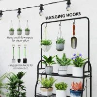 Outsunny 3 Tier Plant Stand with Hanging Rod and Hooks, Metal Plant Rack Shelf, Ladder Flower Pot for Indoor Outdoor Porch Balcony Living Room Bedroom, Black(m-5)