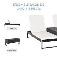 Outsunny Lot de 2 transats bains de soleil design - grand confort - matelas déhoussable crème, inclinaison réglable multi-positions - table basse - résine tressée 4 fils noir(m-4)