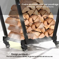 Outsunny Porte-bûches intérieur range-bûches intérieur avec crochets latéraux roues charge max. 50 kg, 79 x 30 x 81 cm métal noir(m-5)