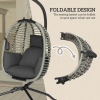 Outsunny Outdoor Swing Chair with Thick Padded Cushion, Patio Hanging Egg Chair with Metal Stand, Foldable Basket, Cup Holder, Rope Structure for Indoor & Outdoor, Dark Grey(m-5)