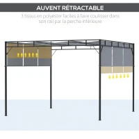 Outsunny Pergola avec 3 toiles rétractables 3L x 3l x 2,25H m structure acier - gris foncé et noir(m-5)