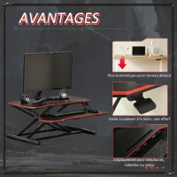 Vinestto Convertisseur bureau assis debout poste de travail réglable en hauteur - support ordinateur avec plateau clavier - acier MDF noir rouge(m-7)