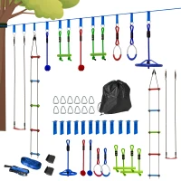 AIYAPLAY 10-Piece Zip Line Kit for Kids with 10m Slackline, Monkey Bars, Swing, Climbing Ladder, Hanging Tray, Metal Rings(m-1)