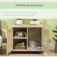 PawHut Meuble maison de toilette pour chat 2 en 1 niche cabane pour chat meuble cache litière chat avec double porte châssis Acier Panneaux Particules Aspect Bois Clair(m-5)