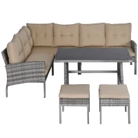 Outsunny Conjunto de Muebles de Ratán 6 Piezas de Jardín Juego de Sofás de 2 Plazas Taburete y Mesa de Comedor con Cojines Acolchados Patio Terraza Balcón Gris y Caqui(m-10)