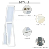 HOMCOM Miroir sur Pied et Mural rectangulaire dim. 37L x 43l x 156H cm Bois Aspect Blanc(m-6)