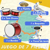 AIYAPLAY Batería para Niños de +3 Años con Taburete Ajustable Tambores Bombo Platillo Pedal y Baquetas 80x60x48-65 cm Rojo(m-5)