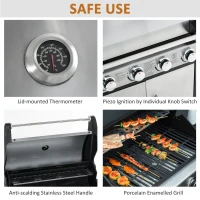 Outsunny Gas Barbecue Grill 4+1 Burner Garden Smoker BBQ Trolley w/ Side Burner Warming Rack Side Shelves Storage Cabinet Piezo Ignition Thermometer Stainless Steel + Metal(m-6)