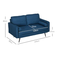 HOMCOM 143cm Loveseat Sofa for Bedroom Upholstered 2 Seater Sofa with Back Cushions and Pillows, Blue(m-3)