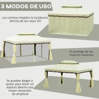 Outsunny Cenador de Jardín 4x3 m Gazebo de Aluminio con Techo de Ventilación 4 Cortinas Laterales 4 Mosquiteras y 8 Orificios de Drenaje para Fiestas Eventos Exterior Crema(m-5)