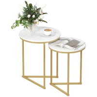 HOMCOM Set of Two Marble-Effect Nest of Tables - White/Gold-Tone(m-11)