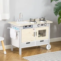 HOMCOM Kids Wooden Toy Kitchen Play Cooking Set Pretend Role Playset Game with Wheels, Sink, Cooking Bench, Drawers, for 3-5 Years(m-8)