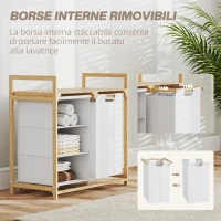HOMCOM Cesto Portabiancheria con 2 Borse Estraibili, Maniglie e Ripiano in Bambù, 70x36x70 cm, Bianco(m-5)