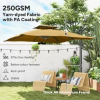 Outsunny Garden Parasol, 3(m) Cantilever Parasol with Hydraulic Mechanism, Dual Vented Top, 8 Ribs, Cross Base, Khaki(m-6)