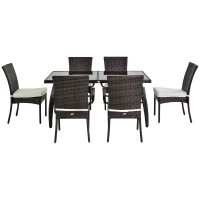 Outsunny 6 Seater Rattan Dining Set with Cushions, Rattan Garden Furniture Set, Outdoor Dining Table and Chairs with 6 Stackable Armchairs, Rectangular Glass Top Table for Patio, Balcony, Brown(m-10)