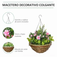 Outsunny Juego de 2 Plantas Colgantes de Lisianthus Sintéticas con Maceta de Mimbre y Cadenas Ø25x34 cm Rosa y Verde(m-4)