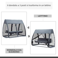 Outsunny Dondolo Letto da Giardino con Zanzariera Grigio, Dondolo Ribaltabile 3 Posti per Esterno e Balcone 240x140x197cm(m-4)
